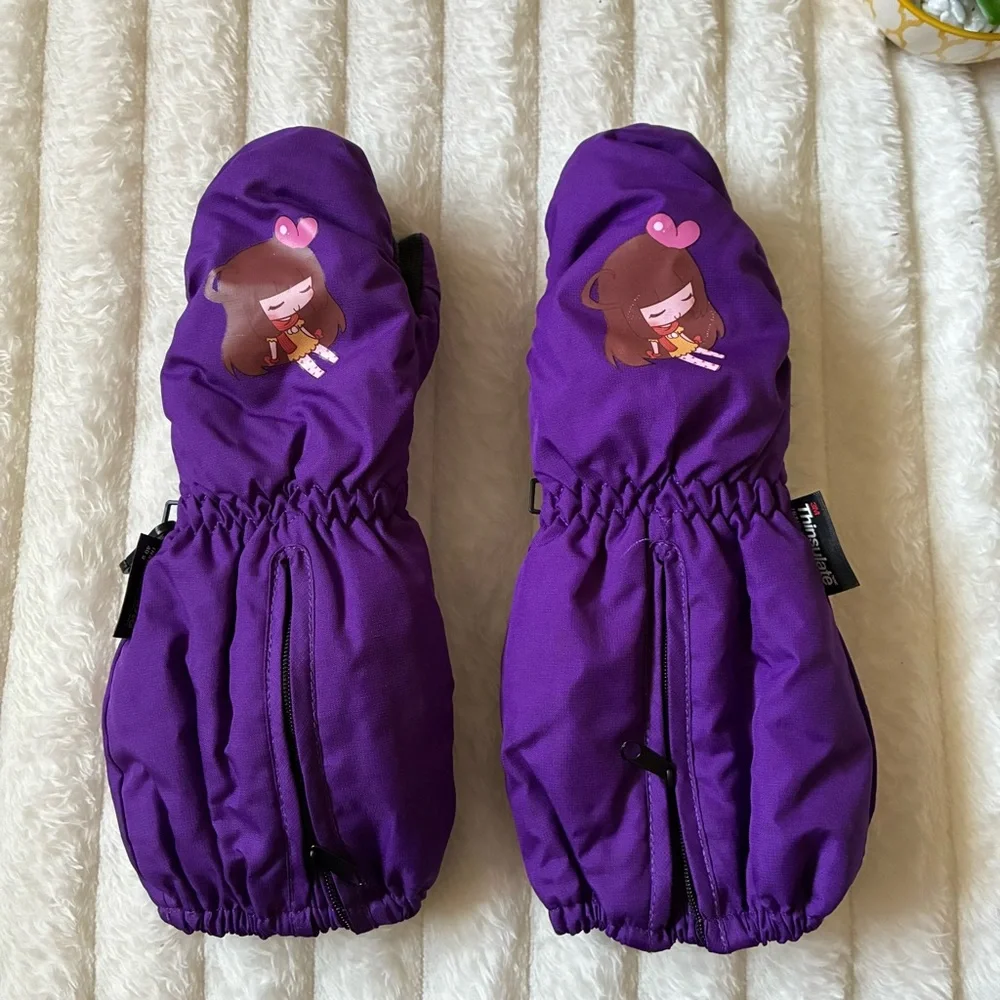 Purple Kids Insulated Snow Mittens 3M Thinsulate 40g Fleece Lined Grip Palm S